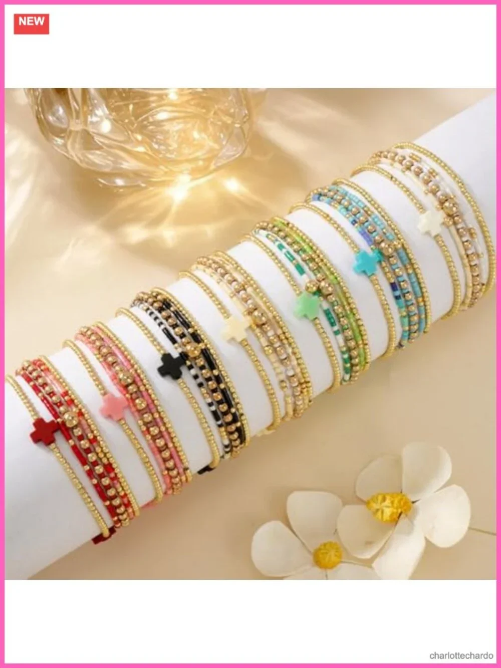 Gold Plated Beaded Bracelet Stack Cross Charm Stretch Bracelet Boho Christian